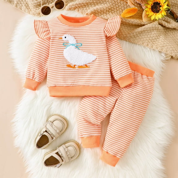 Placlothes Kids Girl Two-Piece Outfit 100% Cotton - Orange Striped with Duck Appliqué, Ruffled Sleeves, Long Sleeve Top + Elastic Waist Pants, Soft for 0-3 Years Kidss,Size 12 Months