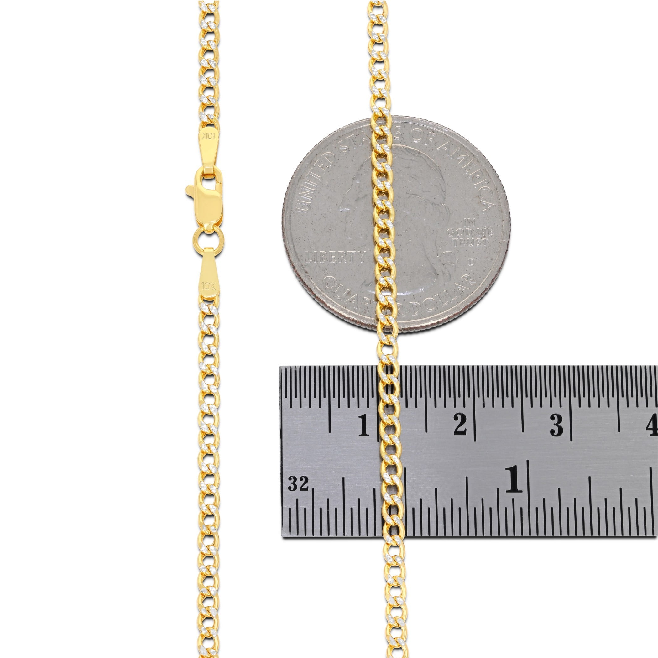 Nuragold 10k Real Yellow Gold Cuban Curb Link 2.5mm Diamond Cut Pave Chain Necklace (16"-26") Two Tone Italian Jewelry for Men & Women