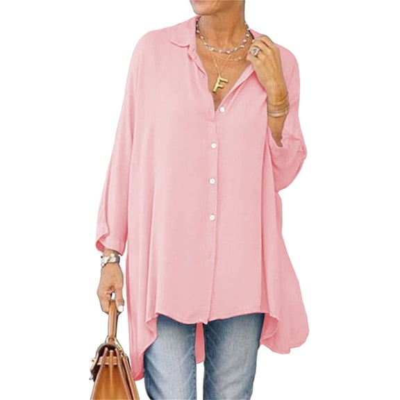 Long Sleeved Women Solid Color Button Down Loose Long A-line Blouse