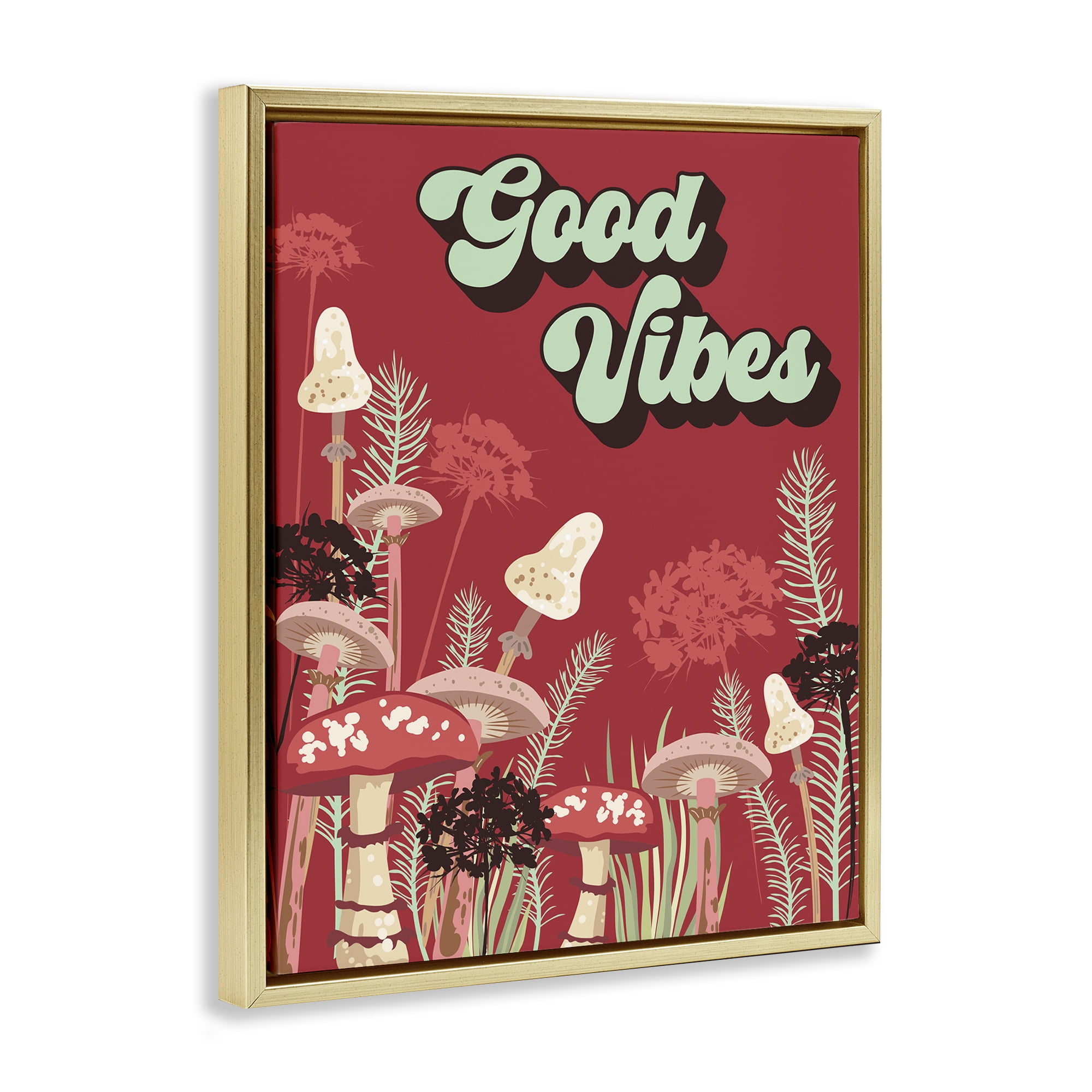 Stupell Industries Good Vibes Mushrooms Botanical & Floral Painting Gold Floater Framed Art Print Wall Art, 25 x 31