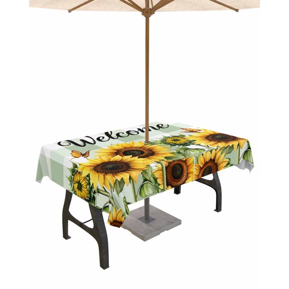 Outdoor Tablecloth with Umbrella Hole for Patio/Picnic/Party/Camping, Sunflower Waterproof Table Cloth Rectangle Table Cover Washable, Summer Botanical Floral Sage Green Plaid Welcome 60"x 84"