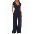 thumbnail image 4 of Womens V Neck Short Sleeve Top Wide Leg Pants Casual Comfortable Outfit Set Two Piece Dark Blue [Short Sleeve] M, 4 of 5