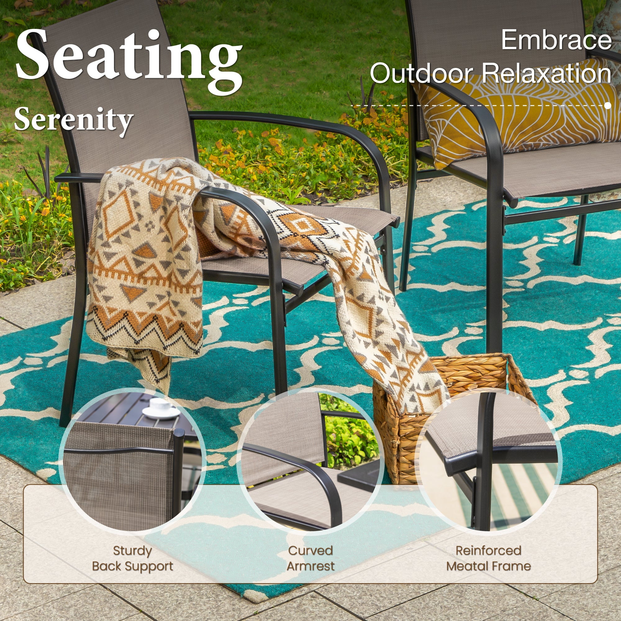 SUMMIT LIVING 7-Piece Outdoor Patio Dining Set with 6 Pieces Textilene Chairs & Round Steel Table with Umbrella Hole, Black & Brown