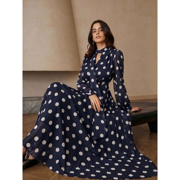 Womens Multicolor Polka Dot Long Sleeve Pleated Maxi Dress