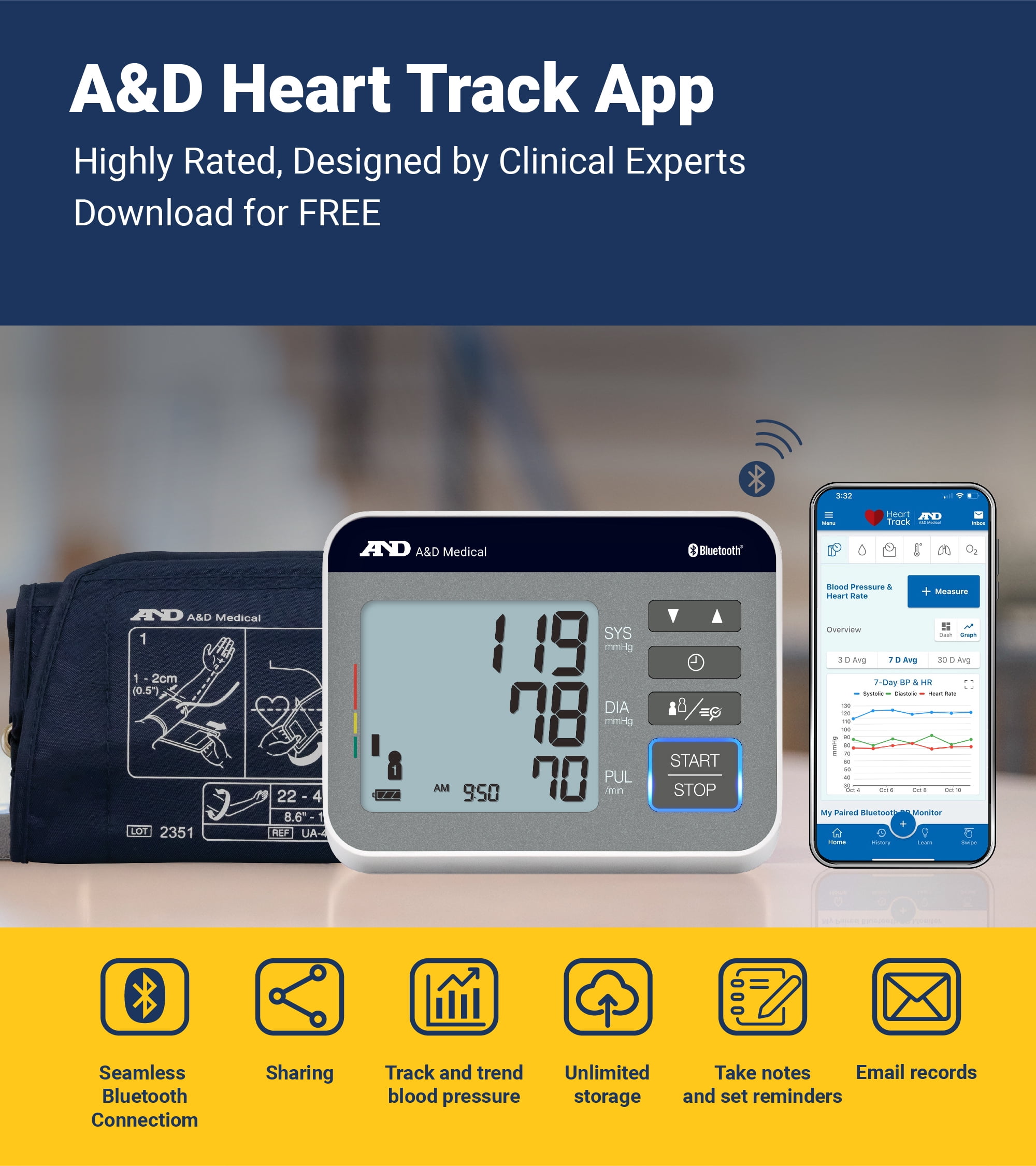 A&D Medical UA-810BLE Wide Cuff Heart Rate Detection Digital Upper Arm Blood Pressure Monitor with Bluetooth