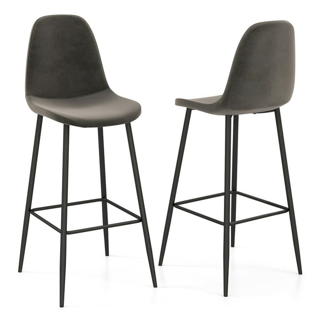 Costway Set of 2 Bar Stools 29.5" Velvet Upholstered High Back Bar Chairs Kitchen Grey