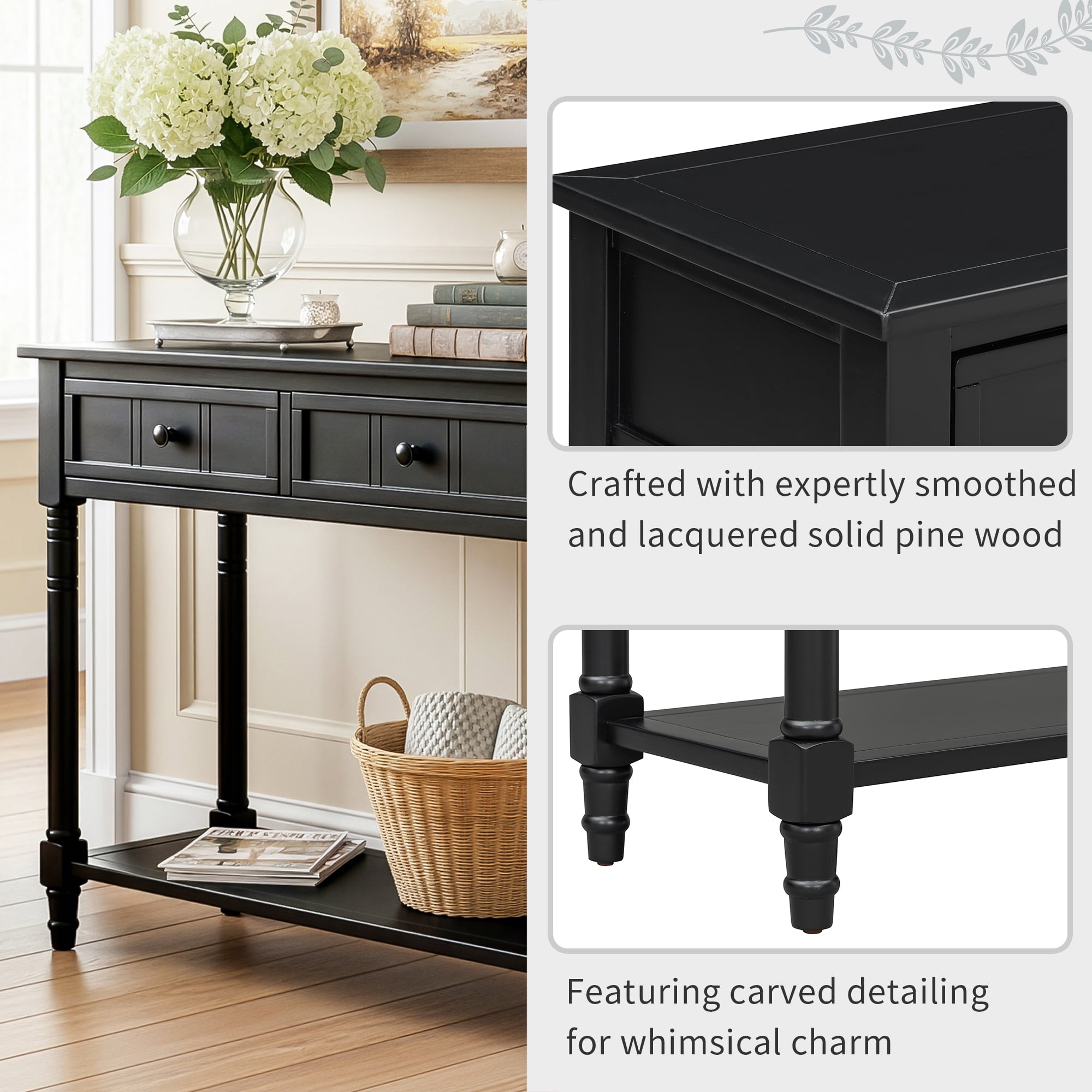 MDQMD Black Entryway Table with 2 Drawers,Solid Wood Console Tables with Bottom Shelf for Hallway,Living Room