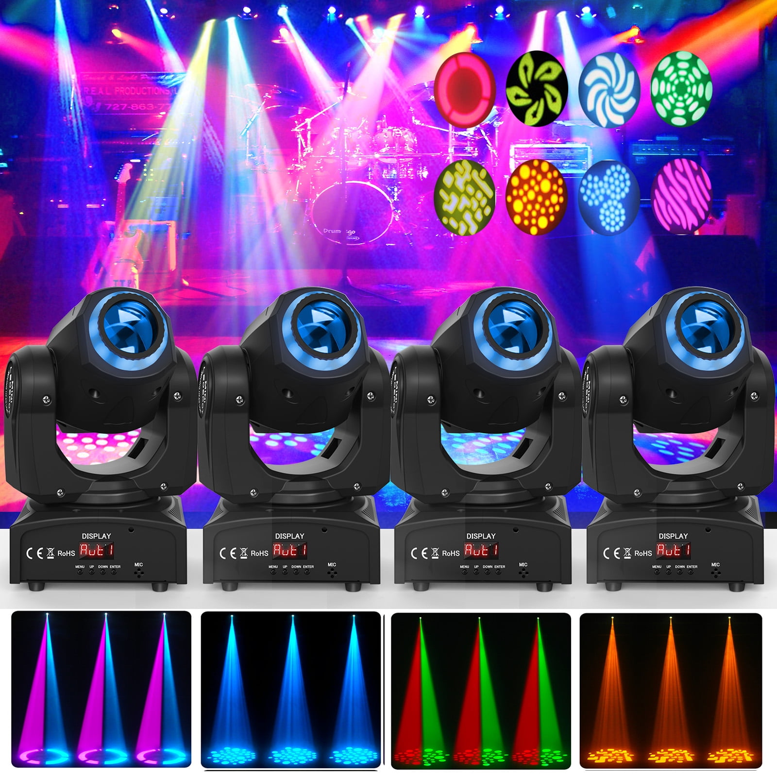 4-Pack Moving Head LED DJ Party Light, RGBW 8 Pattern Shake Disco Light with Remote and Control Sound Activated Spotlight for Church Wedding Live Show,Black