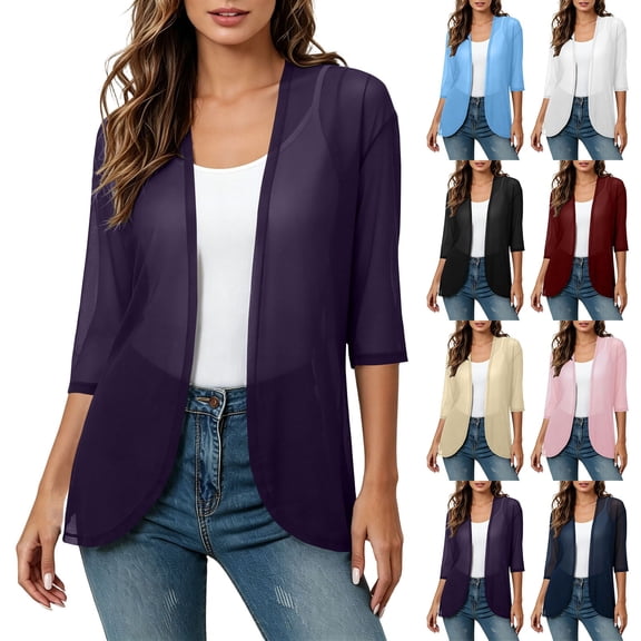 yoeyez Women Casual 3/4 Sleeve Cardigan Lightweight Chiffon Open Front Cardigans Elegant Dressy Sheer Shrugs for Dresses Navy,S