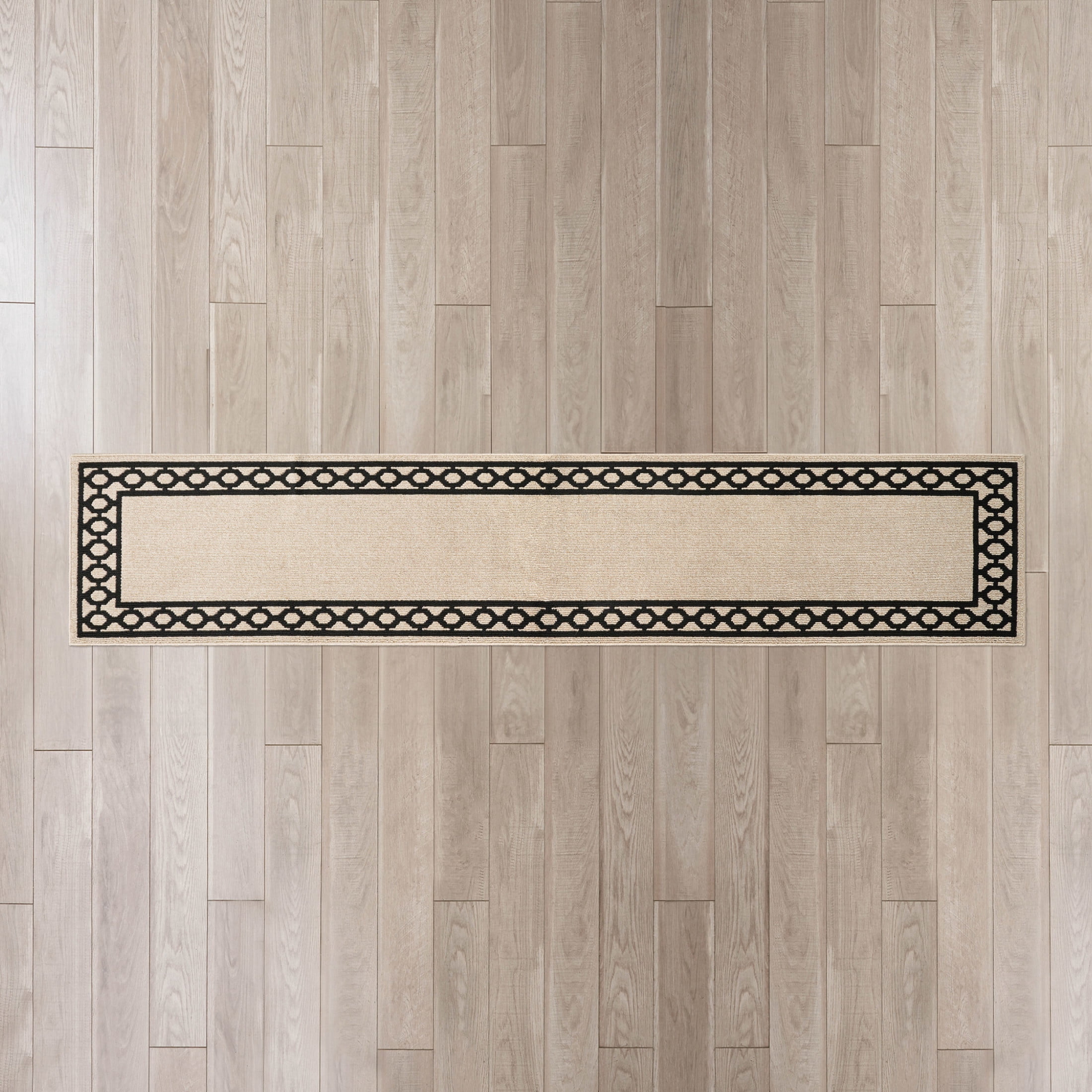 Washable Skid-Resistant Runner Rug, Trellis Border , Natural Twist and Black , 30" x 144"