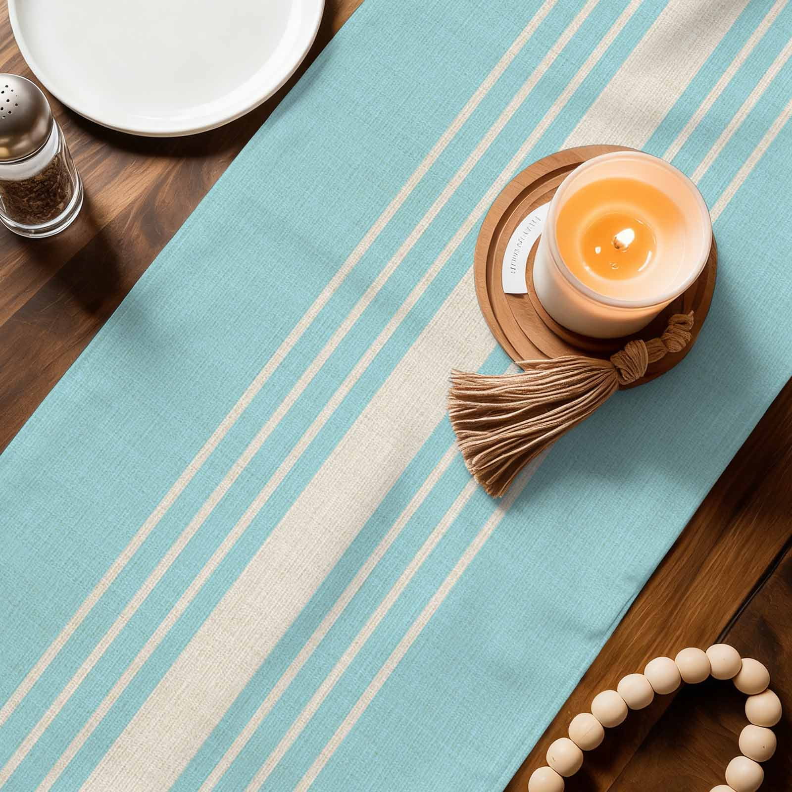 Aqua Beige Striped Table Runner Linen Burlap Table Runner 48 Inches Long Modern Farmhouse Retro Lines Dresser Scarves for Kitchen Island Coffee Dining Room Party Holiday Decoration 13"x48"