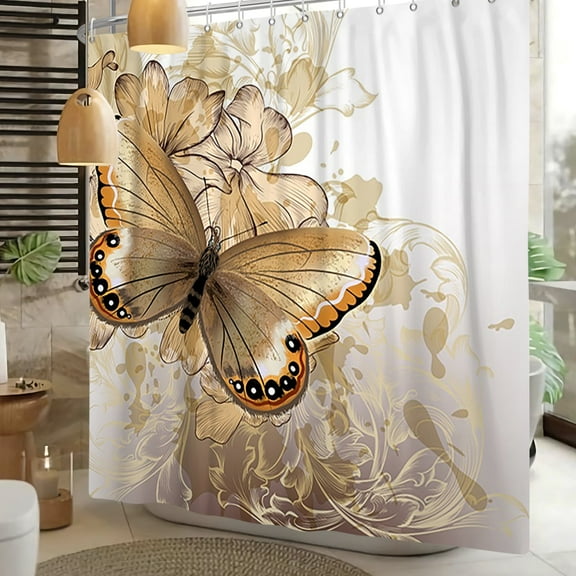 Pbobriich Brown Butterfly Shower Curtain,Modern Design Bathroom Shower Curtain with Hooks,72Wx78L