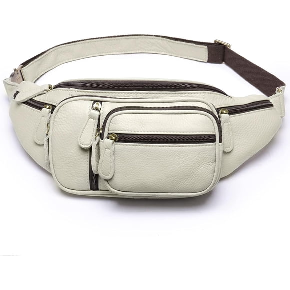 MARRANT Cangurera de Cuero Genuino para Hombre, Bolsa de Cintura Cruzada de Gran Capacidad con Múltiples Bolsillos con Zíper, Blanca