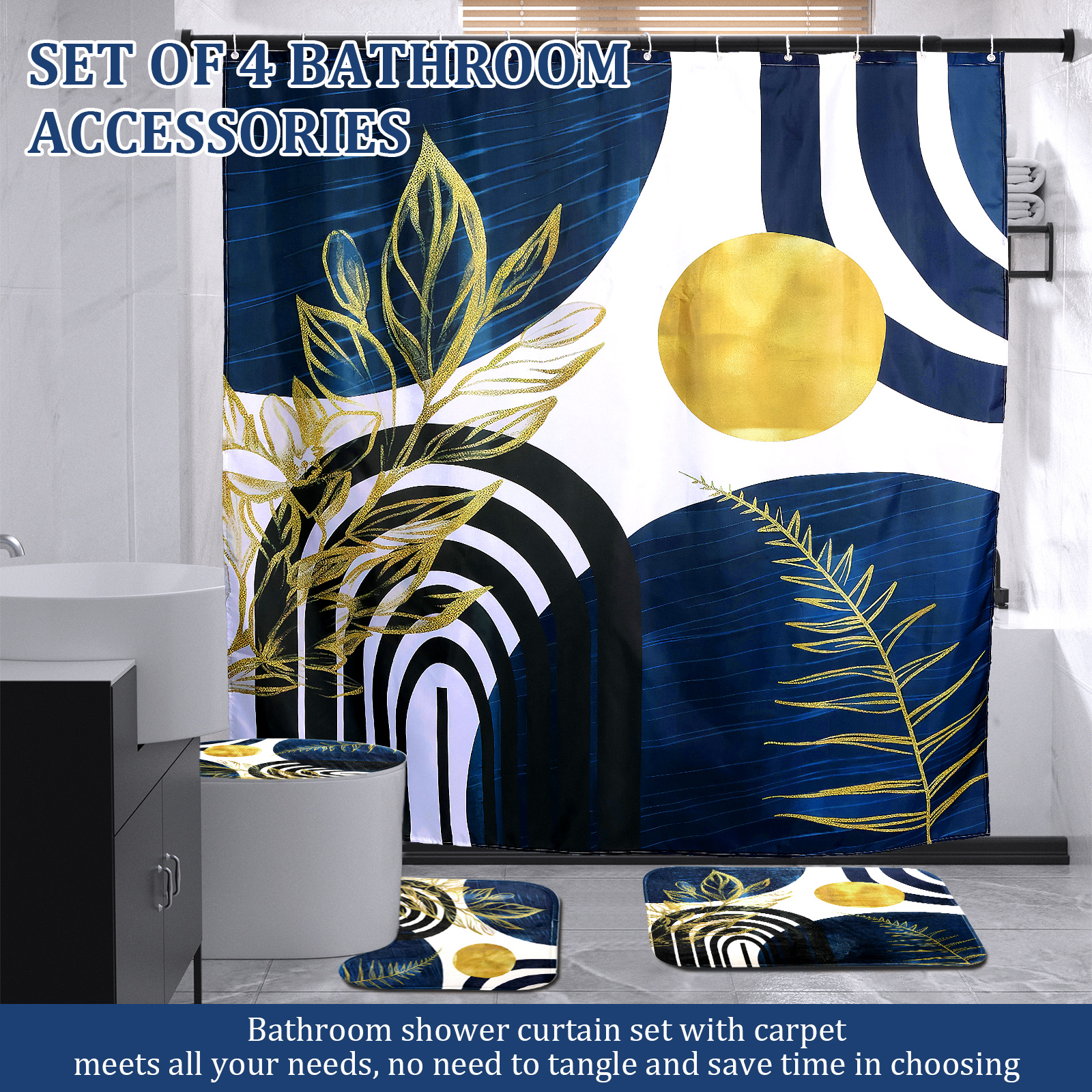 Dznils Boho Fabric Shower Curtain and Rug Sets, 16pc Modern Abstract Bathroom Sets, Blue, 72" x 72"