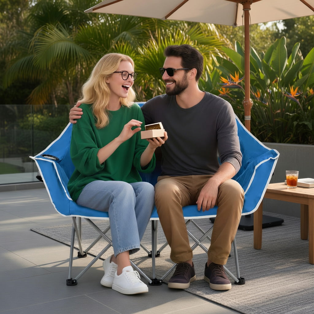 Hommoo Duo Portable Oversized Camping Loveseat Chair with Armrests, Dual Mesh Cup Holders & Heavy-Duty Steel Frame, Blue