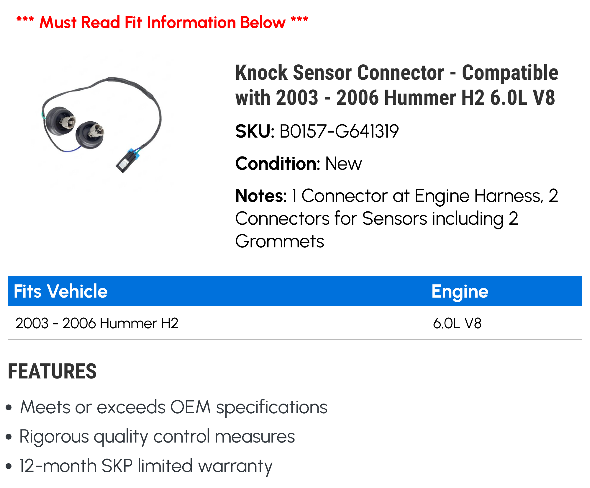 Knock Sensor Connector - Compatible with 2003 - 2006 Hummer H2 6.0L V8 2004 2005