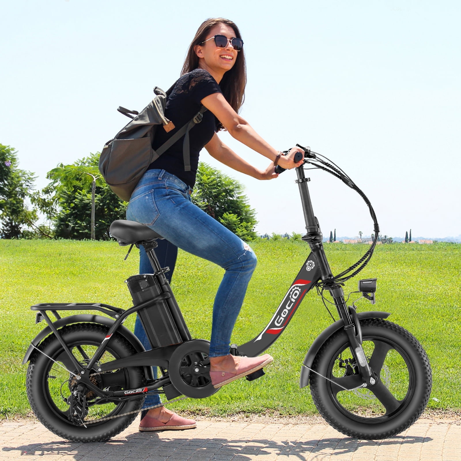 Gocio Electric Bike 3.0 Fat Tire Foldable Ebike, 48V 374.4Wh Battery, Peak 750W Folding Electric Bike, Lockable Suspension Fork, LCD, 16" One-Piece Tire Electric Bicycles for Women Adults UL2849