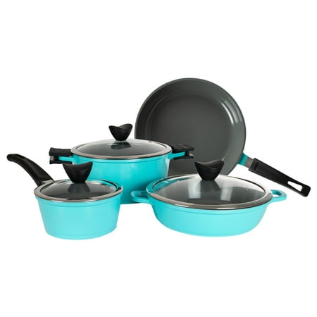 Zelancio 7 Piece Cast Aluminum Ceramic Coated Nonstick Cookware Set, Mid-Century Modern Design, Induction