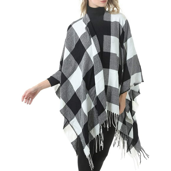 Women's Warm Shawl Wrap Open Front Poncho Cape Color Block Shawls Winter Cardigan Wrap Printed Ponchos for Women