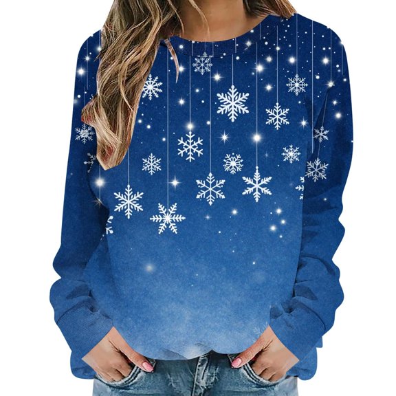 Szhihuiw Women's Christmas Snowflake Graphic Crew Neck Sweatshirt Loose Fit Long Sleeve Pullover Tops Holiday Fashion Oversized Sweatshirt for Women