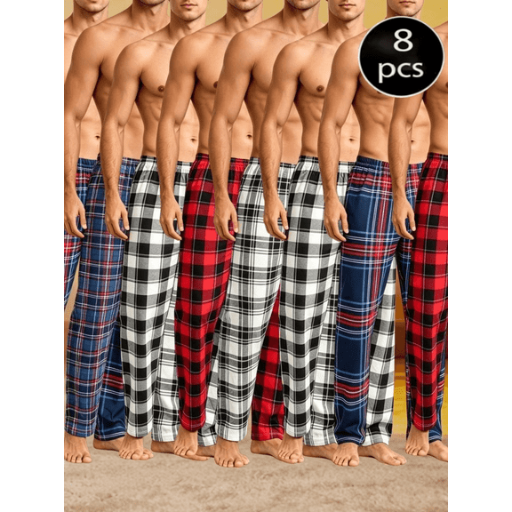 8 Pack Men's Plaid Athletic Pants, Straight Leg Drawstring Waist Casual Daily Trousers