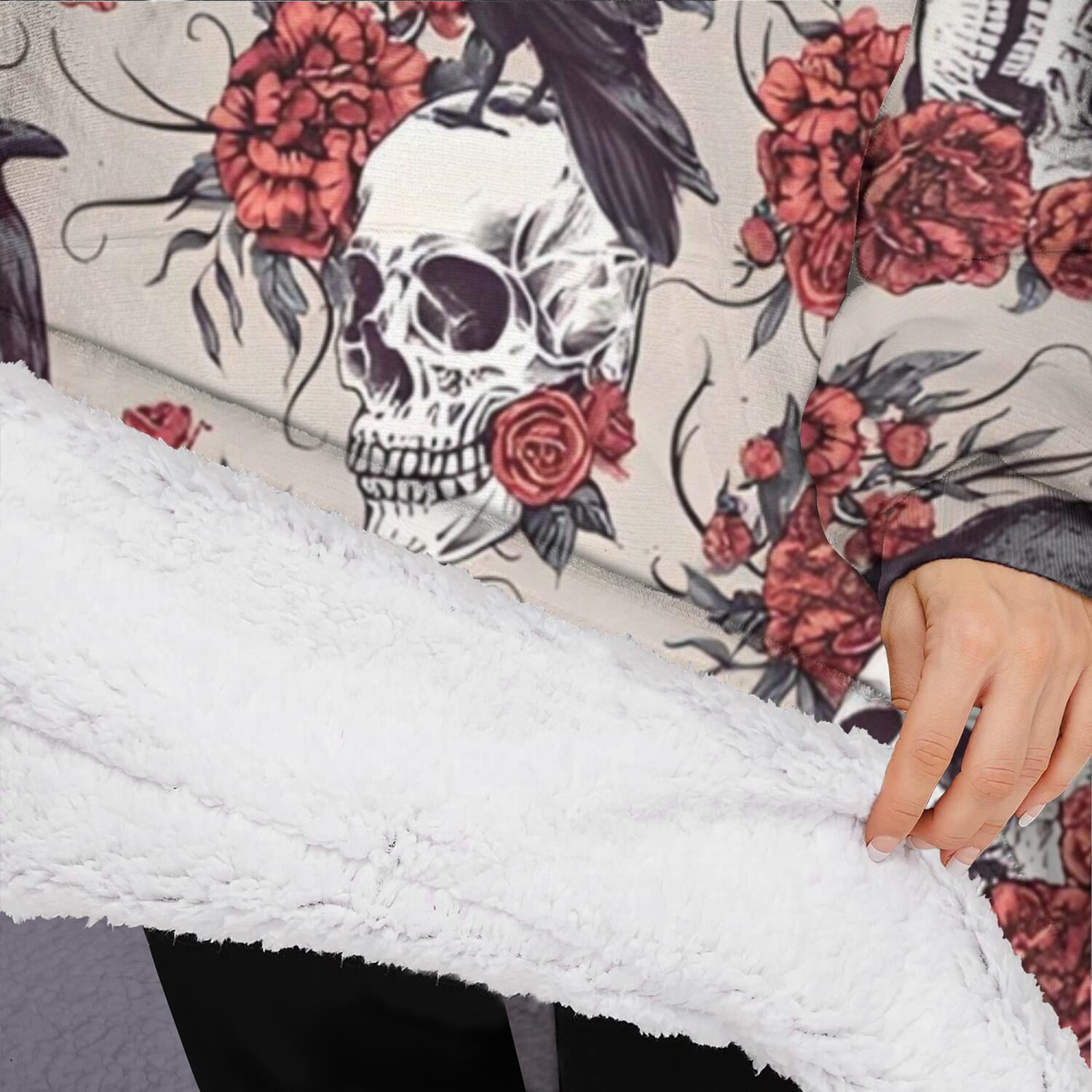 Oversized Wearable Blanket Hoodie,Beige Skull Crow Flower Pattern Sherpa Blanket Hoodie with Super Pockets,Super Warm Fuzzy Pullover for Women & Men