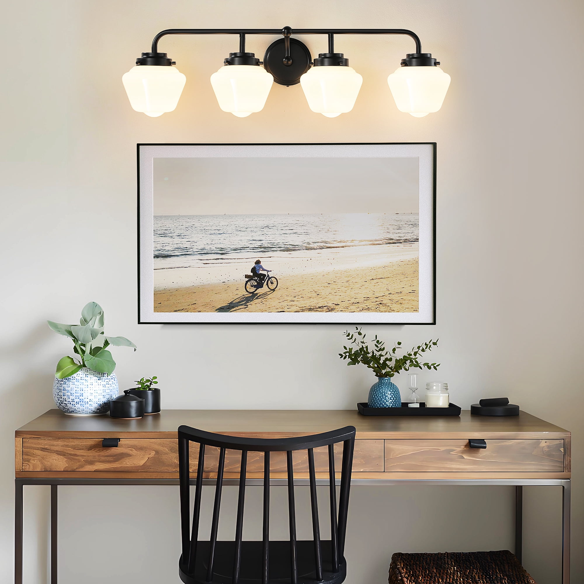 Bathroom Vanity Light Fixtures 4-Lights Black Vanity Lights Over Mirror, E26 40W Modern Bathroom Lighting Fixture with Milky White Glass for Bath Restroom