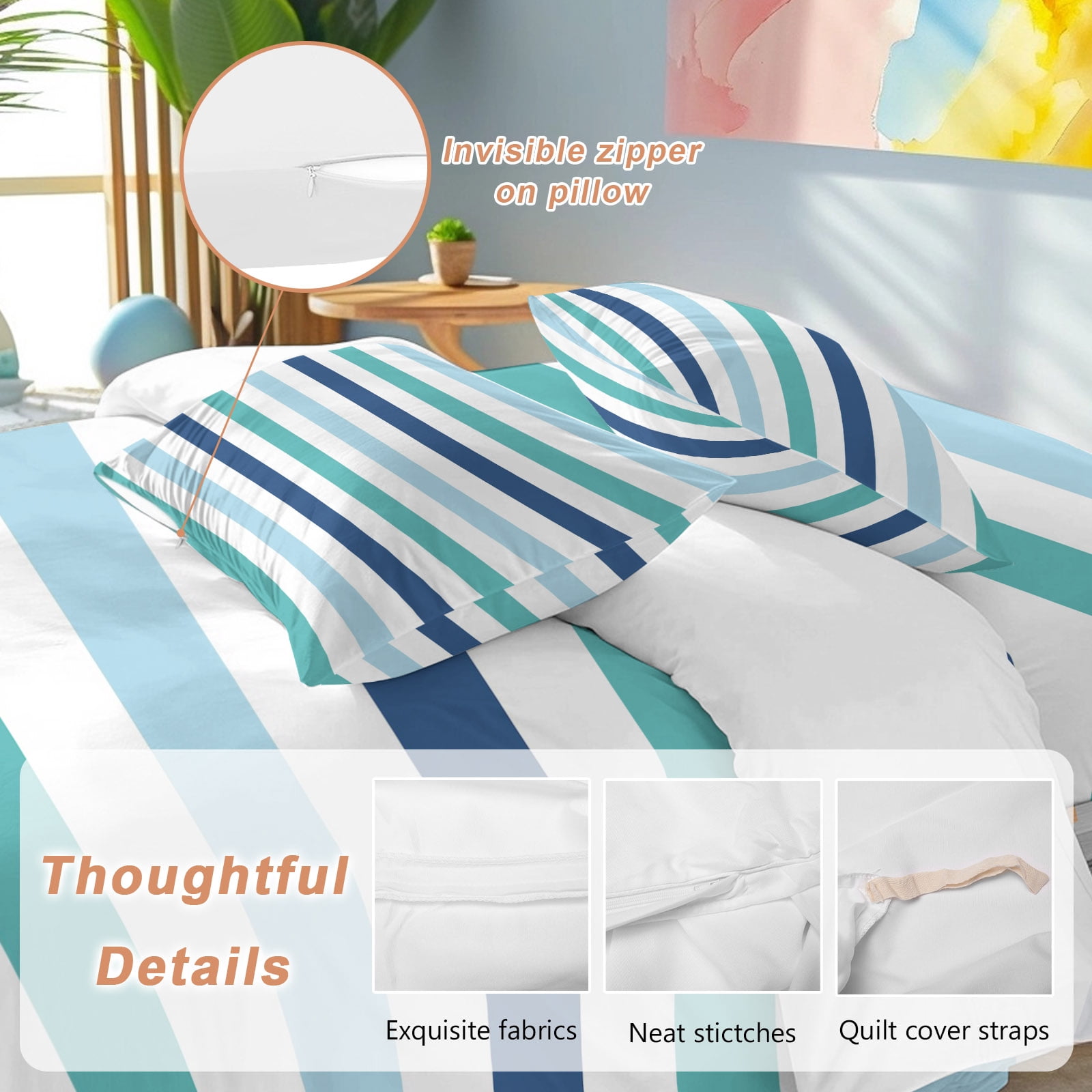 Blue Turquoise Navy Striped Duvet Cover Set Queen Size, Modern Minimalist Abstract Lines 4 Piece Soft Microfiber Bedding Set with 1 Duvet Cover, 1 Flat Sheet, 2 Pillowcases
