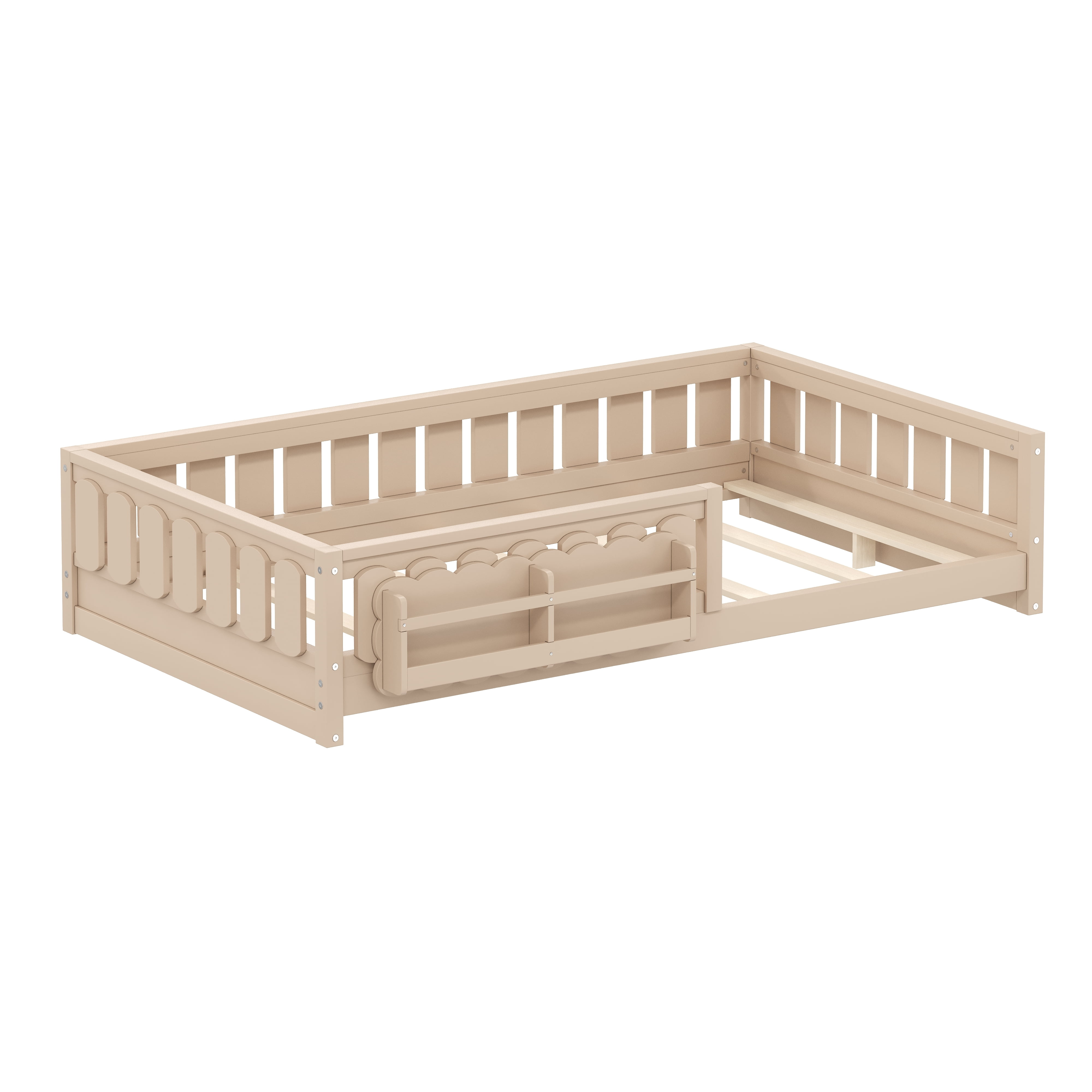 Euroco Wood Twin Size Platform Bed with Shelves, Floor Bed with Guardrails, Natural