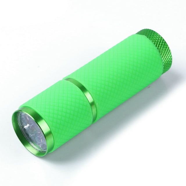WIFKLSIIPG Mini UV LED Nail Lamp for Gel Nails, a portable nail dryer machine with 9 LED beads for efficient drying. The flashlight-style lamp is shown in a bright green color with a textured reticulated leather grip for comfort. Designed for drying nail polish, applying gemstones, and other nail art tasks, it also features UV light for enhanced performance. Compact and lightweight, it is ideal for travel or on-the-go use.