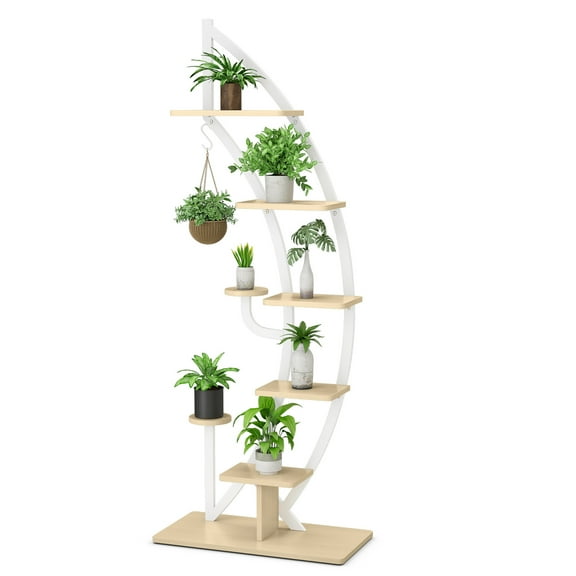 Costway 6 Tier Potted Metal Plant Stand Rack Curved Stand Holder Display Shelf with Hook White
