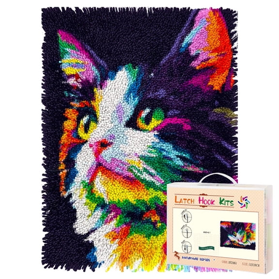Latch Hook Rug Kit Colorful Cat Pre-printed Handmade Carpet Crochet Yarn Craft DIY Hook and Latch Door Mat Tapestry for Home Floor Decoration 52x38cm-2