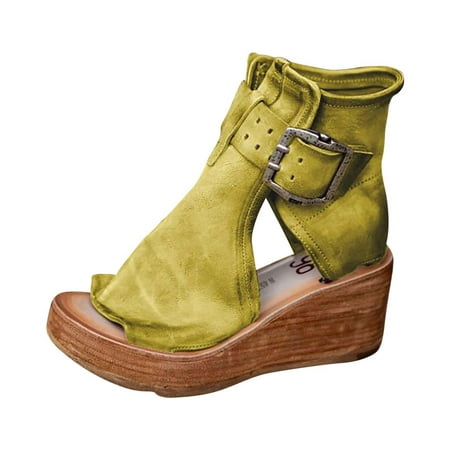 

Honeeladyy Summer Fashion High-top Wedge Sandals Thick-soled Fish Mouth Roman Sandals Yellow Sales