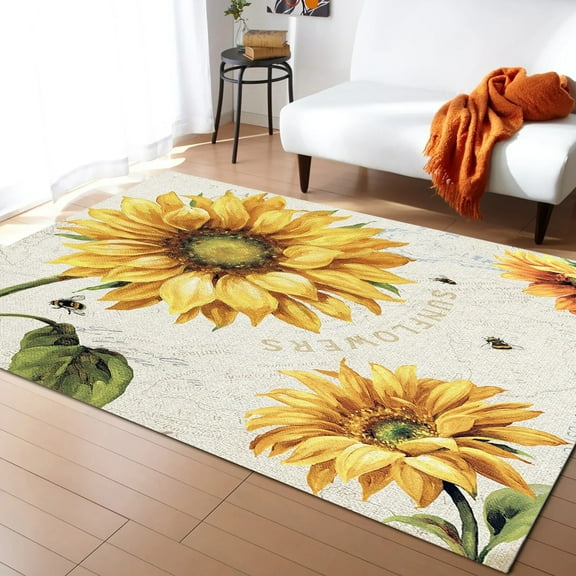 Coral velvet Vintage Sunflower Bee Living Room Carpet Coffee Table Floor Mat Study Bedroom Bedside Home Decoration Large Rug Floor Mat