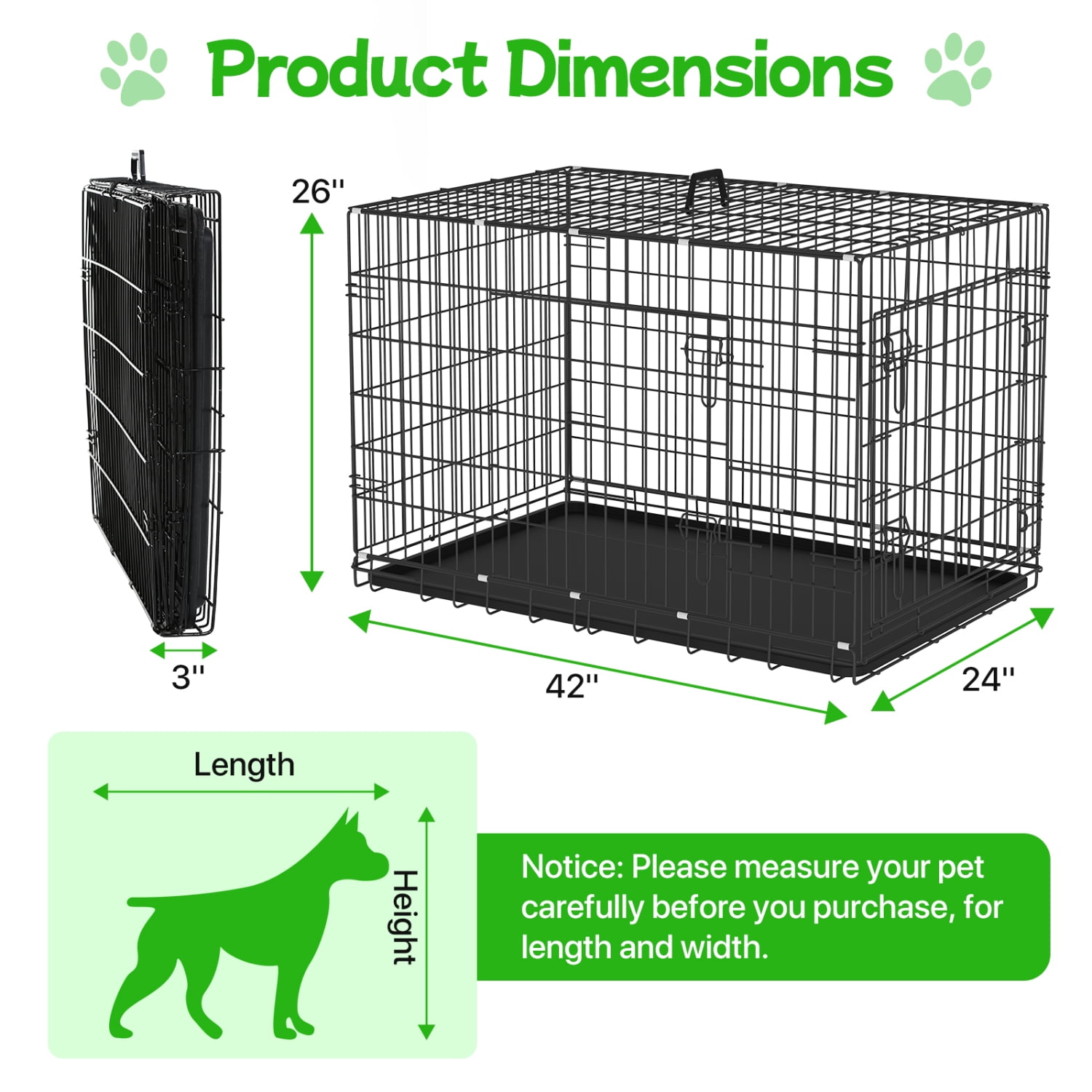 NiamVelo 42'' Large Dog Crate Heavy Duty Dog Cage Folding Metal Pet Crate with Divider & Tray Double Doors Dog Kennel for Large Dogs, Black