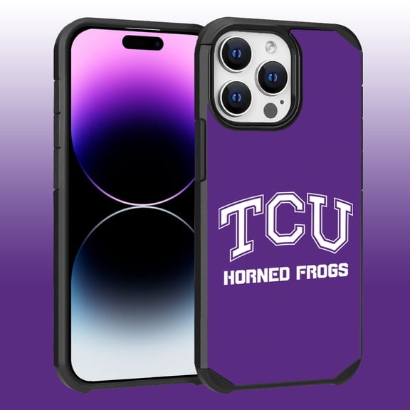 Apple iPhone 14 Pro Max (6.7) - Licensed NCAA of Texas Christian University Horned Frogs Logo on Purple Textured Dual Layer Case