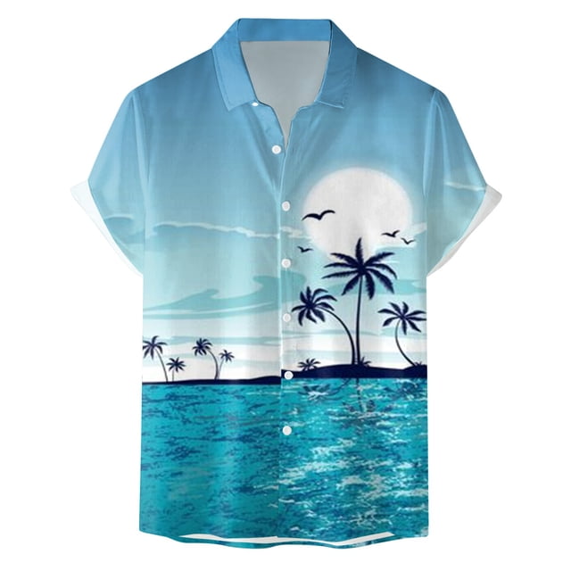Camisas Y s Top de camisa de manga corta con solapa y botón de impresión digital 3D de moda y ocio para hombre (Light Blue, XL)