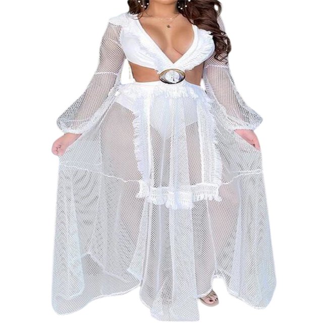 PENGXIANG Femmes Profond V-Cou Dentelle Découpée Longue Partie Robes Patchwork Creux-Out Maille Plaid à Manches Longues Robe Pure Blanc L