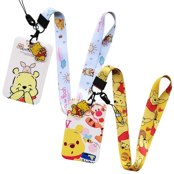 2Pcs Winnie the pooh Anime Badge Keychain Lanyard ,ID Badge Holder, Cell Phone, and Charms Neck Strap Including Card Sleeve