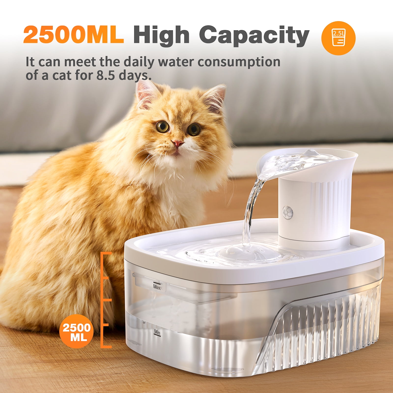 PcEoTllar Cat Water Fountain Battery Operated, 84OZ/2.5L Wireless Pet Water Fountain for Cats, Cat Fountain with Motion Sensor, Ultra Quiet Pump, White