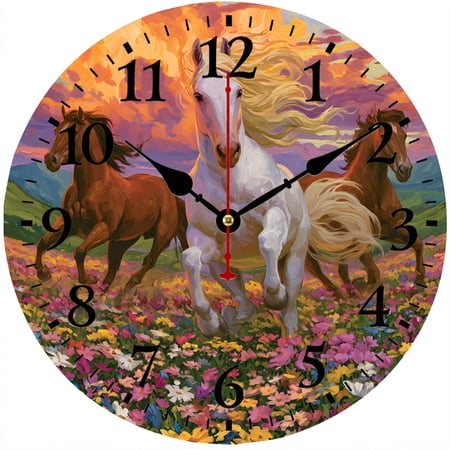CozyHour Horse Wall Clock 9.84 Inch, Colorful Running Horses Analog Clock, Battery Operated Decorative Wall Clock for Living Room Bedroom Office