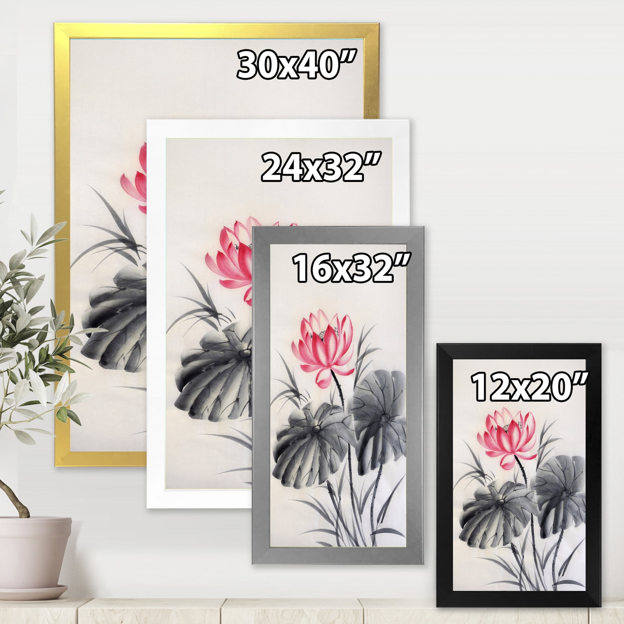 Designart 'Two Monochrome Leaves With Lotus Flower' Traditional Framed Art Print