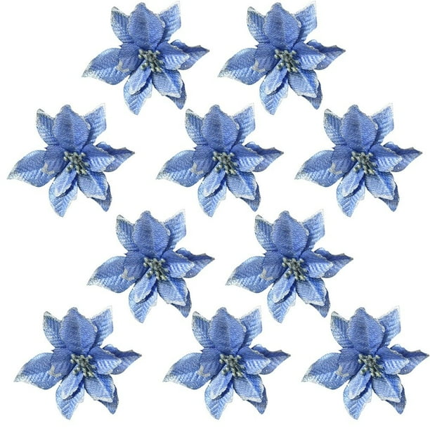 EeaseMX 10 flores artificiales con purpurina de 13 cm para decoración de árbol de Navidad (azul)