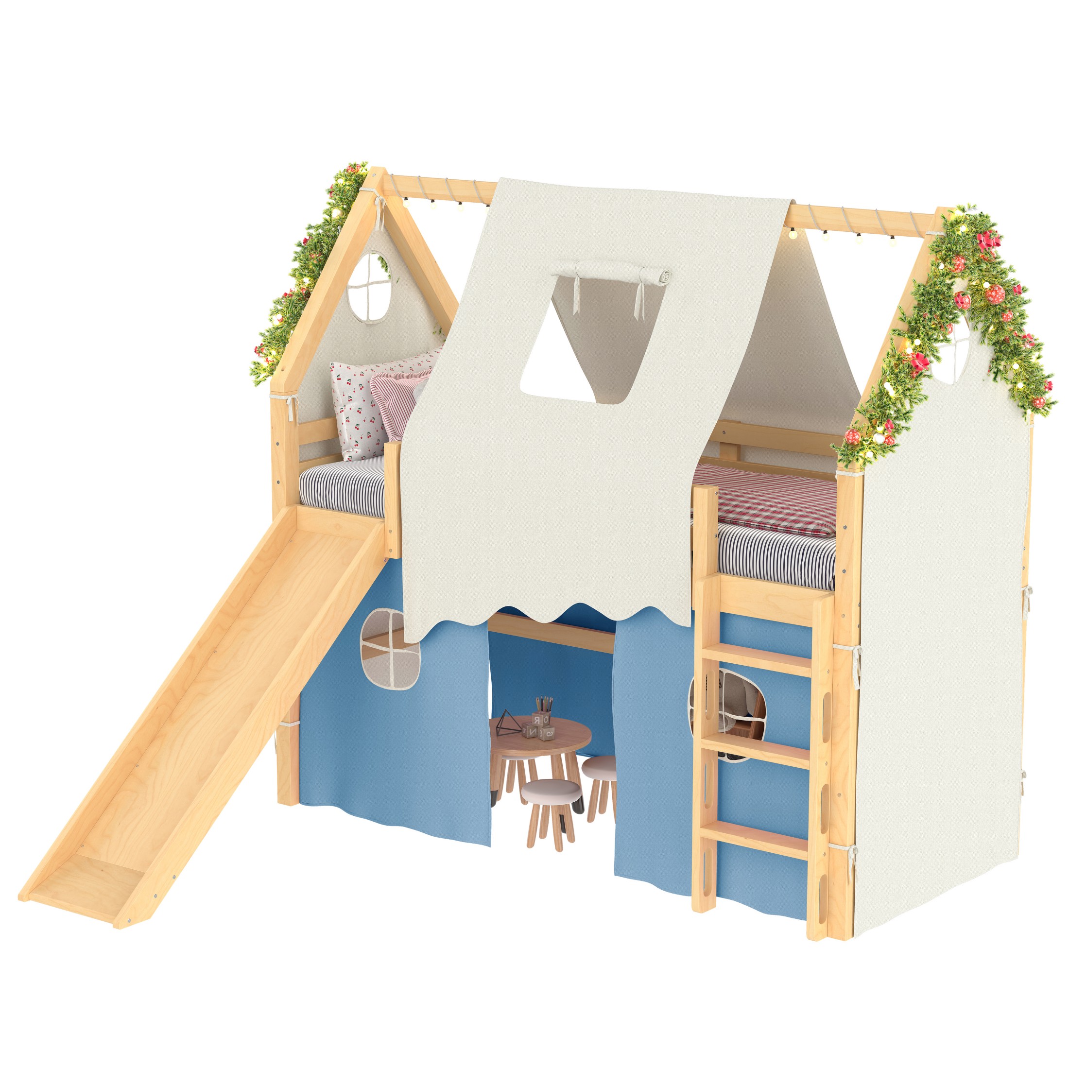 Aukfa Twin Size Loft Bed with Slide, Tent, Sills & LED Lights, Solid Wood House Loft Bed for Kids, Blue