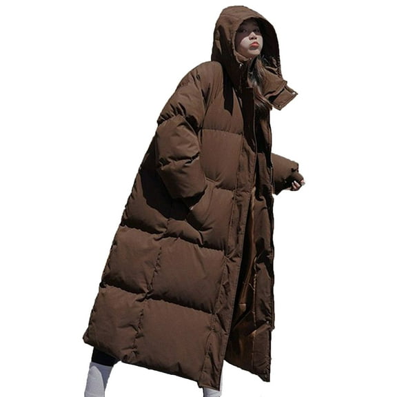 XPMWRP Women's Quilted Thicken Hooded Down Coats Solid Color Long Sleeve Fashion Zip Up Coats Winter Warm Loose Stand Collar Jacket with Pockets Brown M