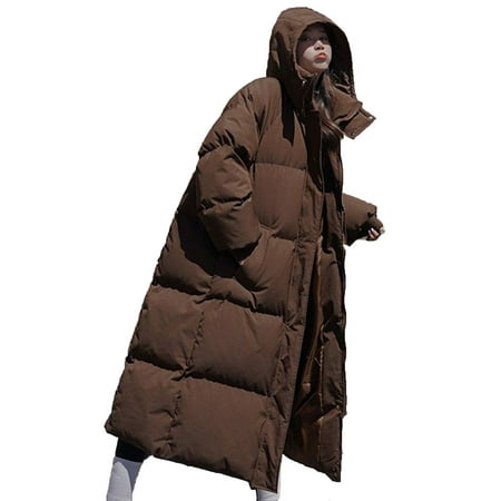 XPMWRP Women s Quilted Thicken Hooded Down Coats Solid Color Long Sleeve Fashion Zip Up Coats Winter Warm Loose Stand Collar Jacket with Pockets Brown L