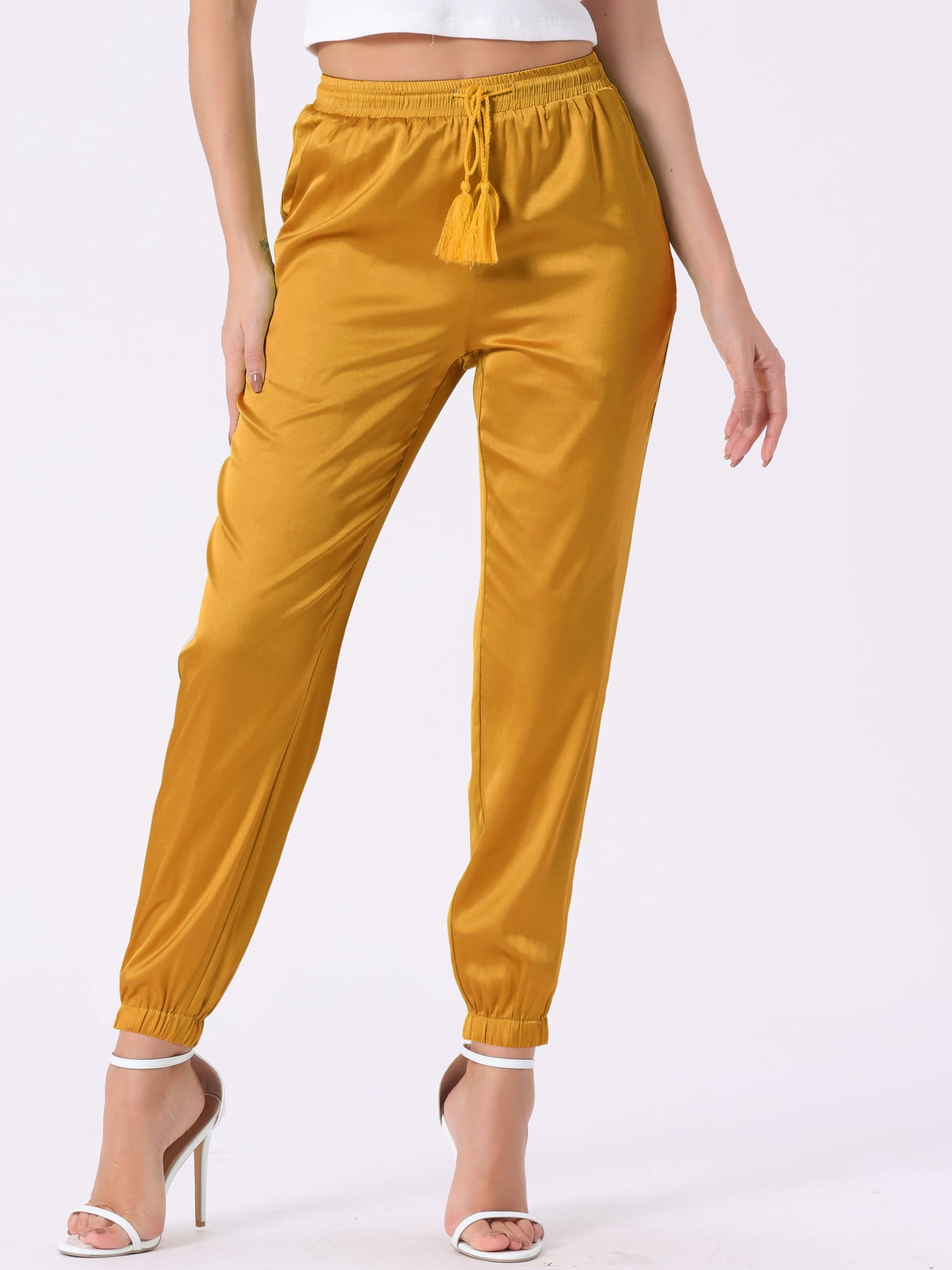 DARING DIVA Women's Satin Straight Leg Ankle Length Joggers Large Gold