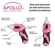 Apollo Tools USB-charged 135 Piece Pink Household Tool Set with Pivoting Dual-Angle 3.6 Volt Lithium-Ion Cordless Screwdriver in Hard Case - DT0774P