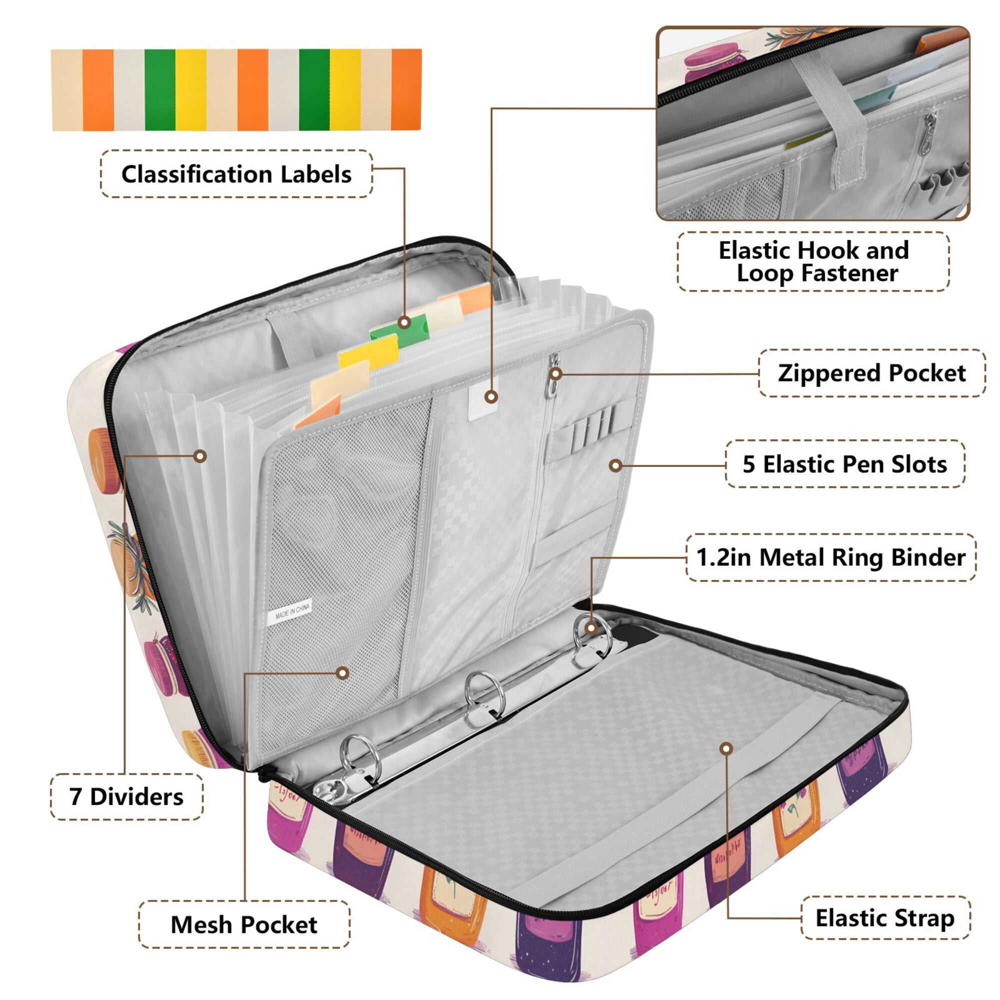 FORMRS Accordion File Folder A4 Size 7-Pocket Expanding Document Organizer Bag with 3 Ring Binder, Jam Jars