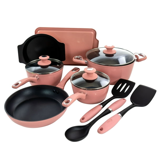 Oster Lynhurst 12 Piece Nonstick Aluminum Cookware Set in Pink with